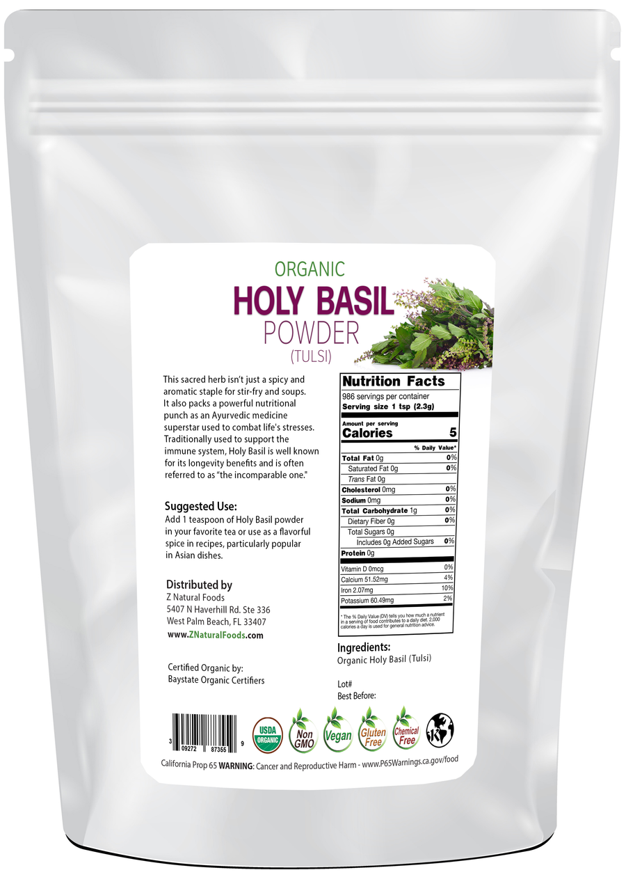 Photo of back of 5 lb bag of Holy Basil Powder (Tulsi) - Organic