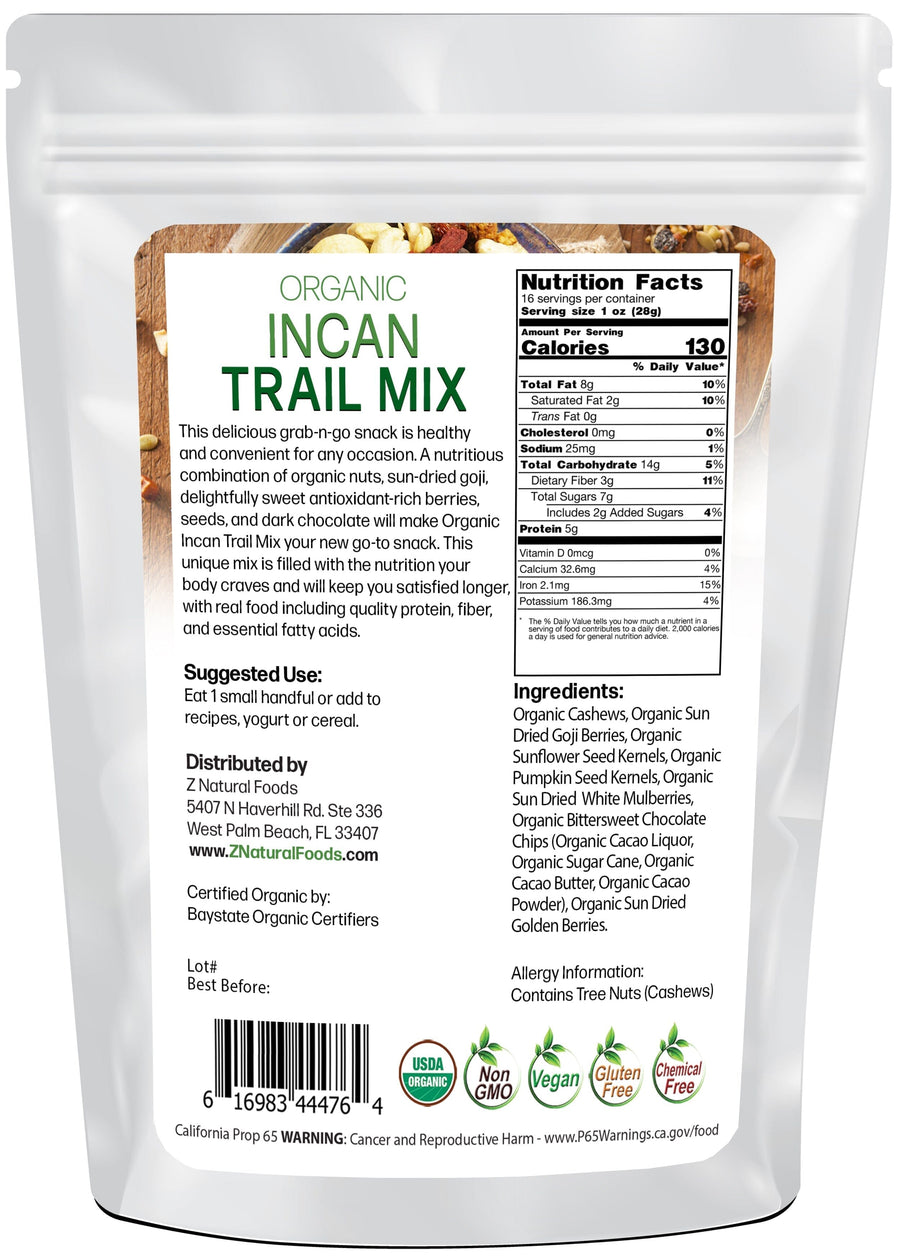Incan Trail Mix - Organic back of the bag image Z Natural Foods 
