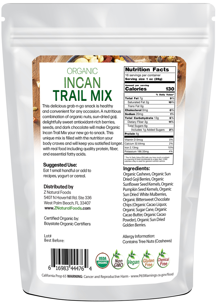 Back of the bag image of Incan Trail Mix - Organic 1 lb 