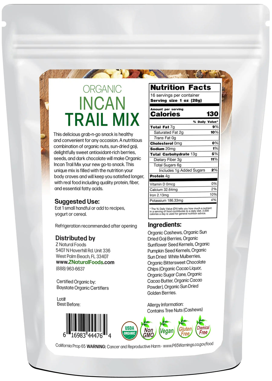 Back of the bag image of Incan Trail Mix - Organic 1 lb 
