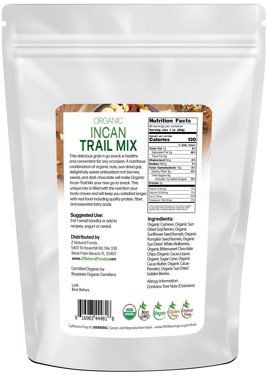 Back of the bag image of Incan Trail Mix - Organic 5 lb 