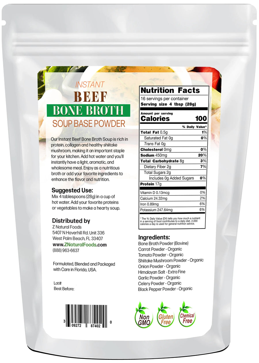 Instant Beef Bone Broth Soup Base Powder back of the bag image 1 lb