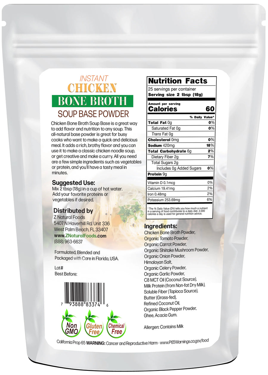 Instant Chicken Bone Broth Soup Base Powder back of the bag image 1 lb