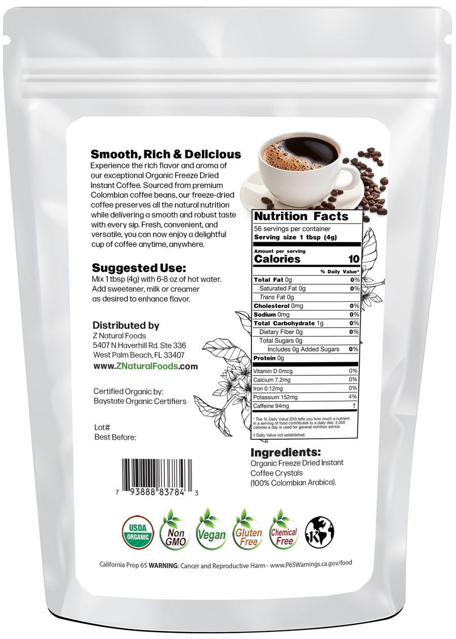 Organic Freeze Dried Instant Coffee back of the bag image for 8 oz