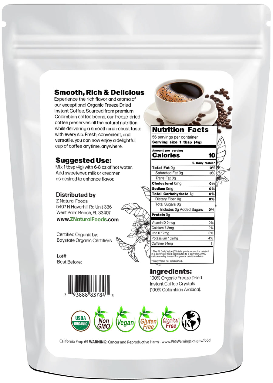 Organic Freeze Dried Instant Coffee back of the bag image for 8 oz