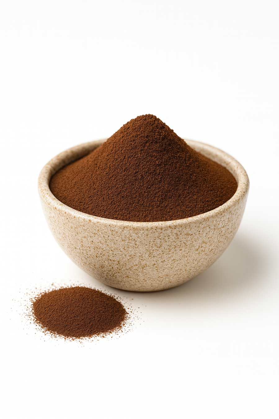 Bowl of organic instant coffee powder with a small pile of powder in front on a white background