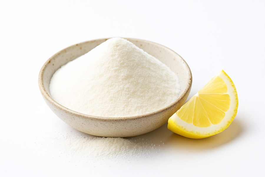 A bowl of organic lemon juice powder with a lemon slice on a white background.