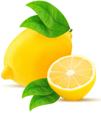 Image of whole and halved Lemons with stems and leaves.