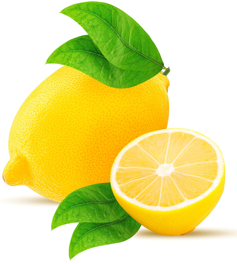 Image of whole and halved Lemons with stems and leaves.