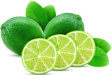 Image of 3 lime slices with 2 whole limes and some leaves behind