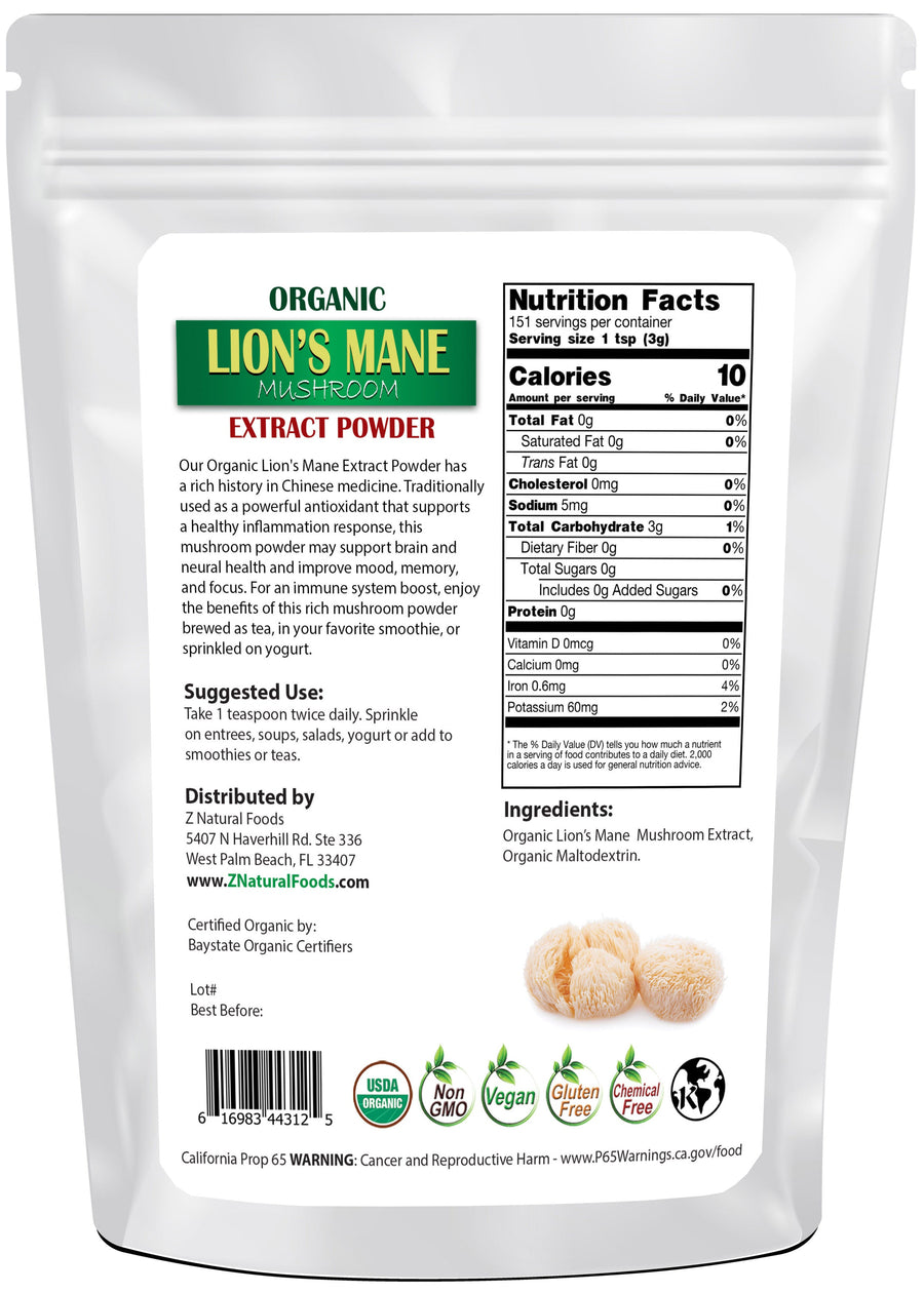 Lion's Mane Mushroom Extract Powder - Organic back of the bag image 1 lb Z Natural Foods