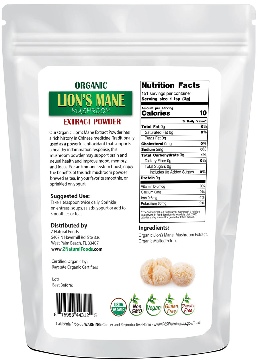Lion's Mane Mushroom Extract Powder - Organic back of the bag image 1 lb