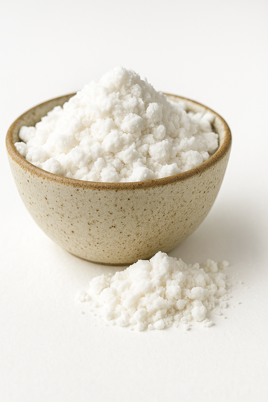 A bowl of organic MCT oil powder with a small pile of powder in front on a white background.
