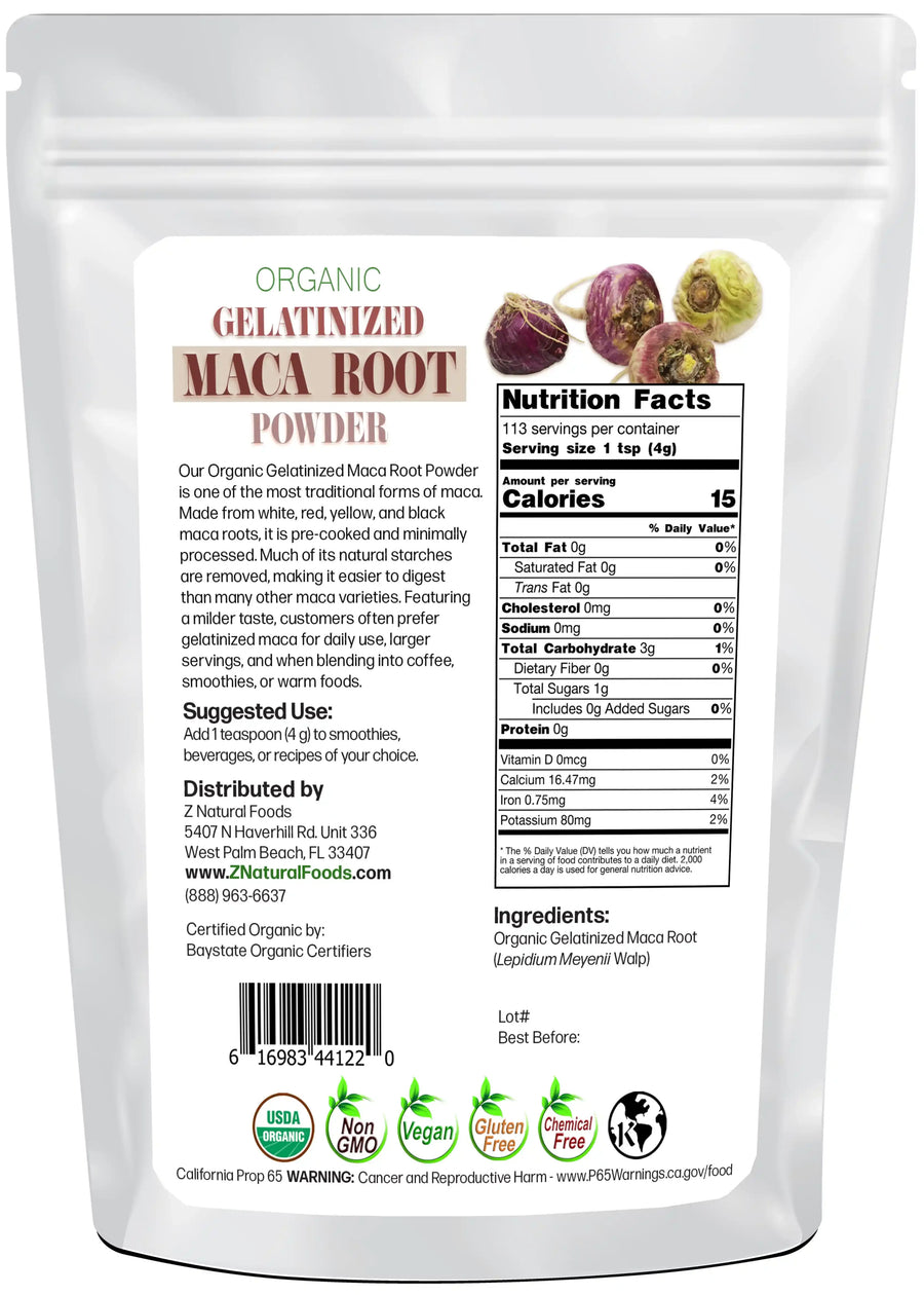 Back of the bag image of Maca Root Gelatinized Powder - Organic 1 lb