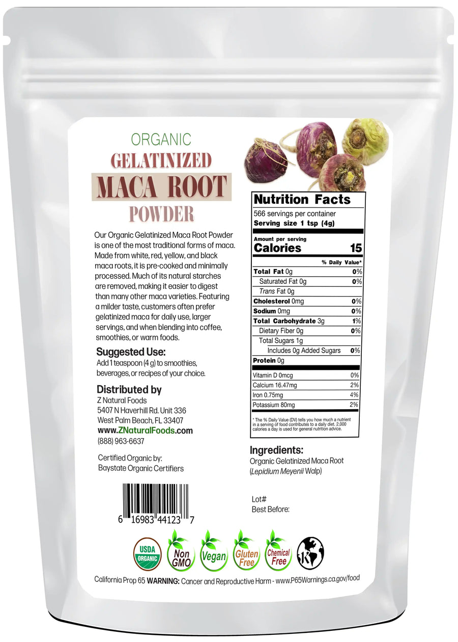 Back of the bag image of Maca Root Gelatinized Powder - Organic 5 lb