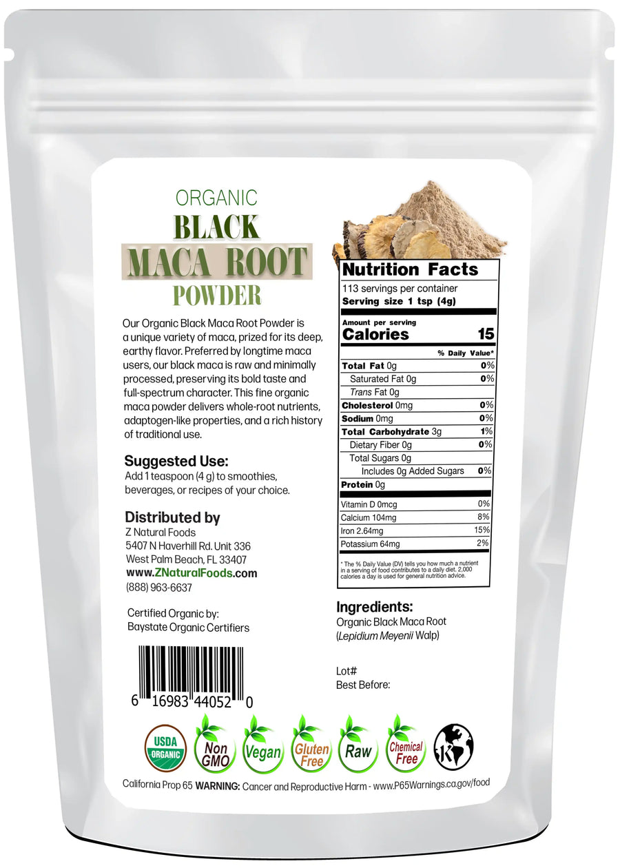 Photo of back of 1 lb bag of Maca Root Powder (Black) - Organic