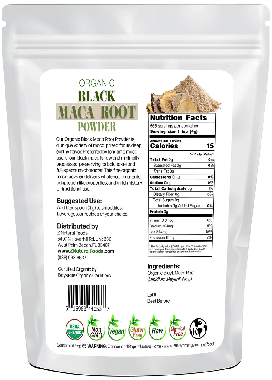 Photo of back of 5 lb bag of Maca Root Powder (Black) - Organic
