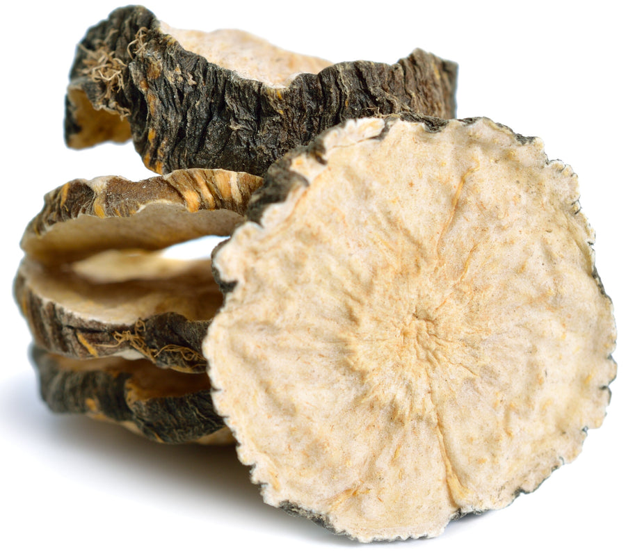 Closeup image Maca Root slices.