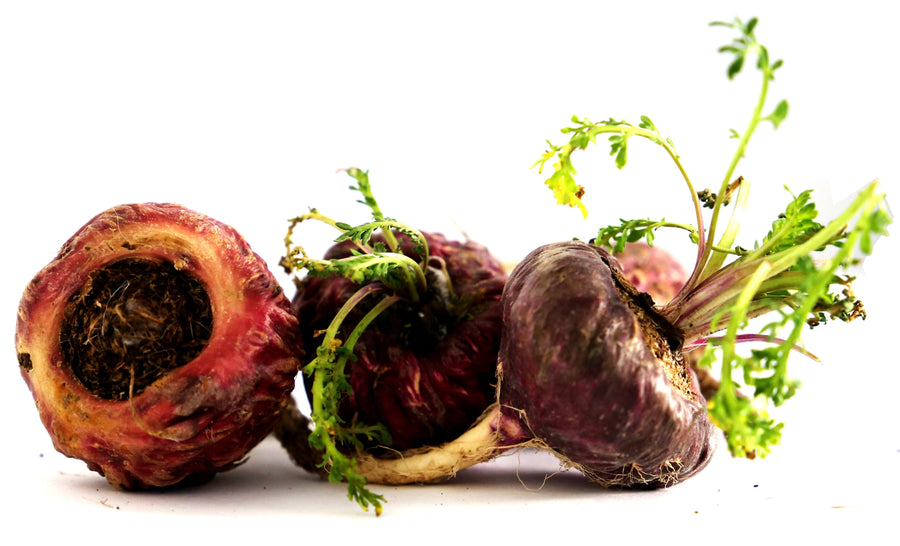 Image of three red Maca Roots on white background