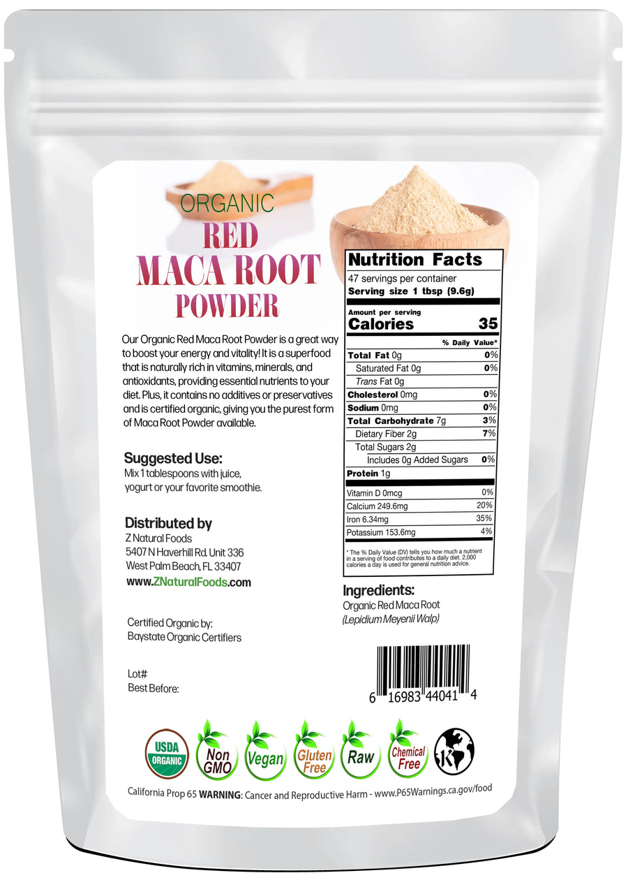 Back of the bag image of Maca Root Powder (Red) - Organic Raw 1 lb