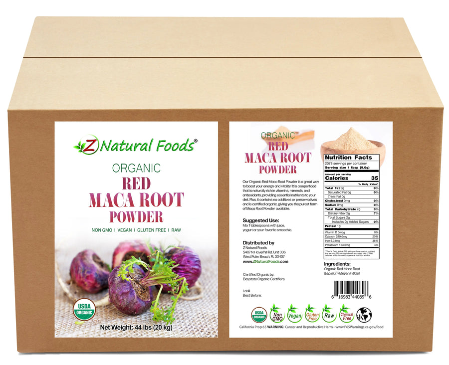 Front and Back label image of Maca Root Powder (Red) - Organic Raw in bulk