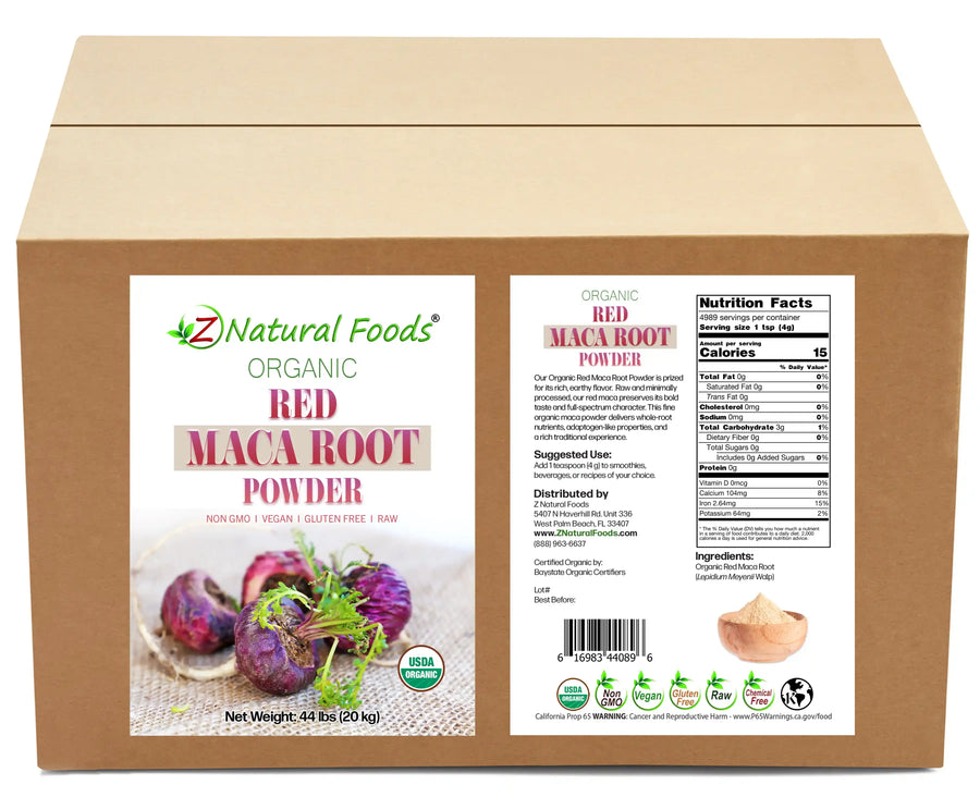 Front and back label image of Maca Root Powder (Red) - Organic Raw in bulk