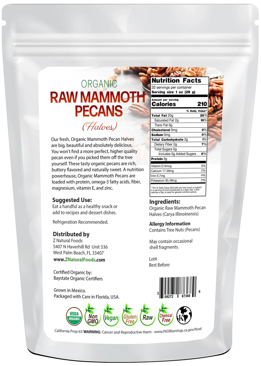 Photo of back of 2 lb bag of Mammoth Pecan Halves - Raw Organic