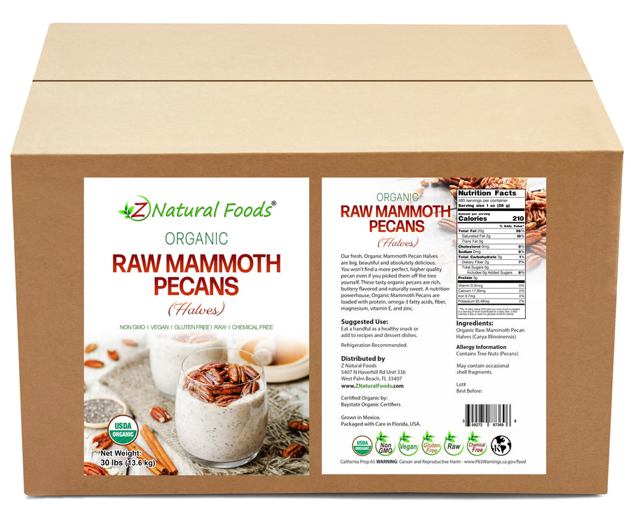 Photo of front and back label image of Mammoth Pecan Halves - Raw Organic in bulk