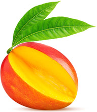 Whole Mango fruit with stem and two leaves missing quartered piece revealing fruit inside.