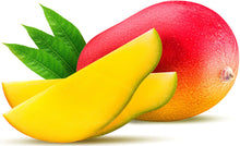 Two lengthwise slices of Mango fruit with whole mango fruit in the background.