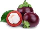 Close up image of three Mangosteen Fruit with one sliced exposing the seeds inside.
