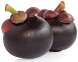 Close photo of 2 whole fresh raw purple Mangosteen Fruits