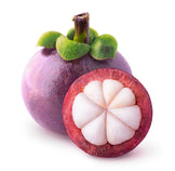 Image of Mangosteen Fruit sliced open with one whole Mangosteen fruit in background.