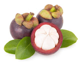 Image of three Mangosteen Fruits with the one in front sliced open.