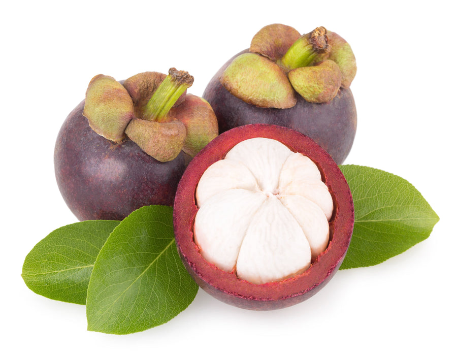 Image of three Mangosteen Fruits with the one in front sliced open.