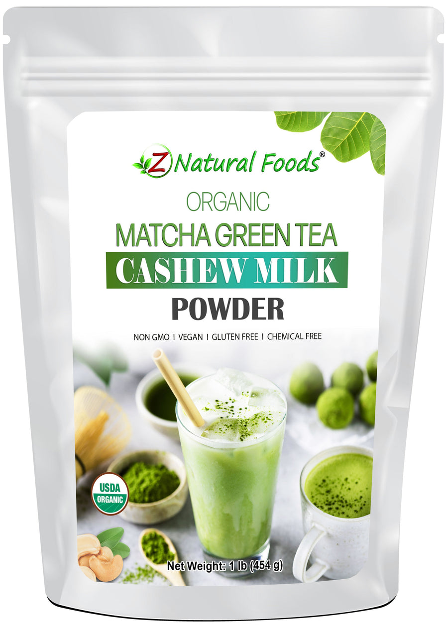 Image of front of 1 lb bag of Matcha Green Tea Cashew Milk Powder - Organic