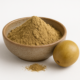 A bowl of monk fruit extract powder with a small pile of powder in front and a whole monk fruit beside it on a white background