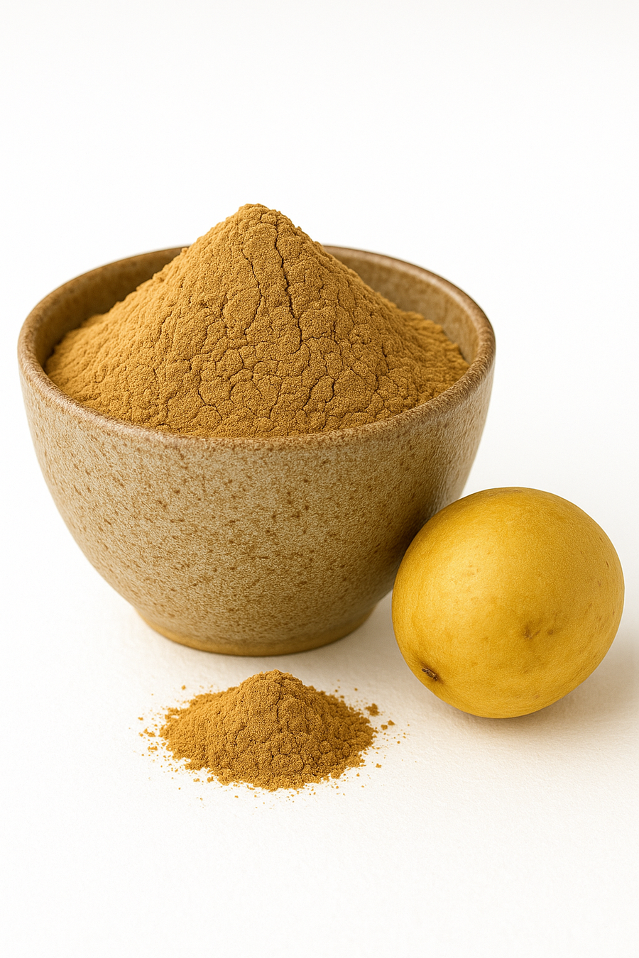 A bowl of monk fruit extract powder with a small pile of powder in front and a whole monk fruit beside it on a white background.