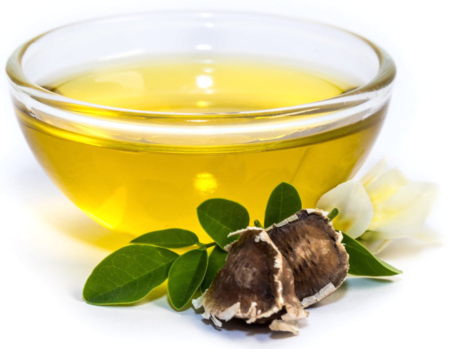 Clear glass bowl of Moringa Seed Oil with small moringa tree branch with leaves in front.