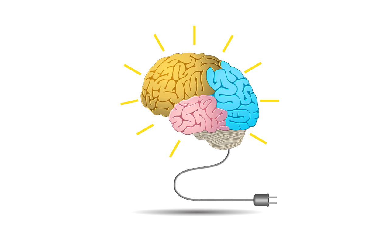 Simplistic drawing of human brain with power cord coming out of it depicting brain boosting.
