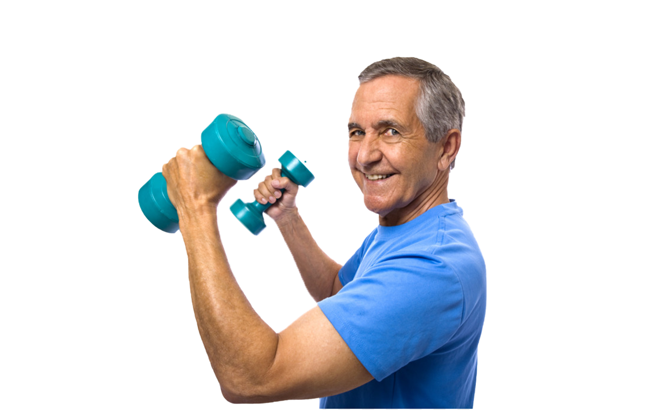 Image of older man smiling while holding up small dumbbells with both hands.
