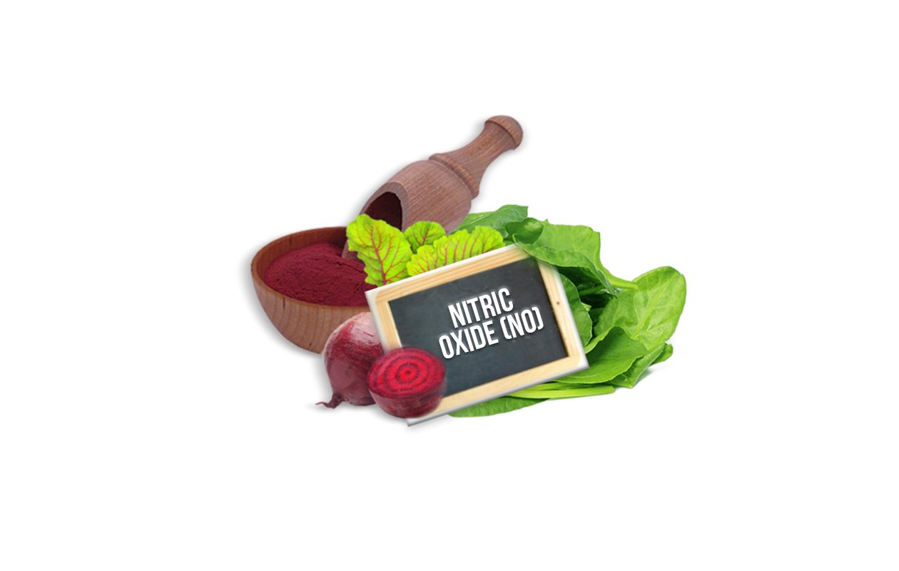 Photo of whole cut beet root next to wood bowl full of beet root powder and spinach leaves which all help product nitric oxide