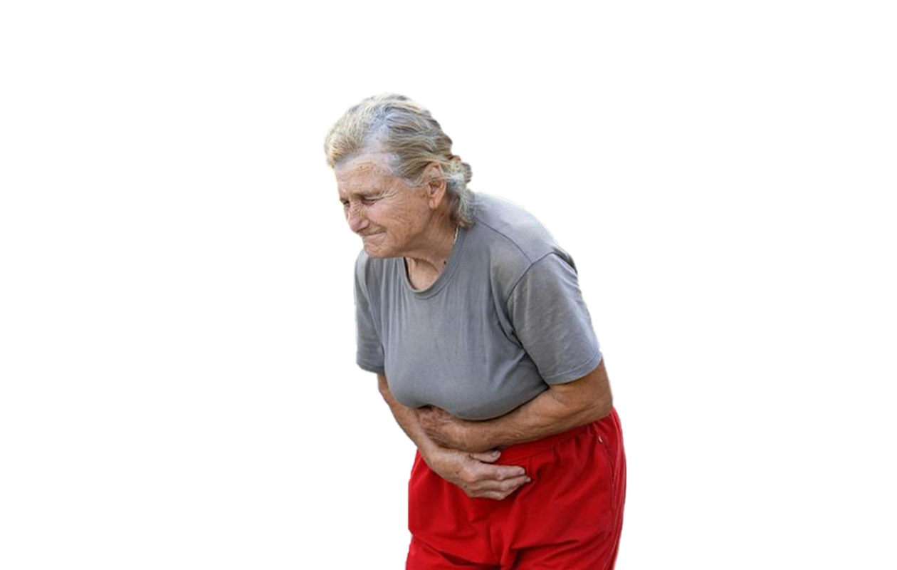 Image of uncomfortable older woman bent over holding stomach.