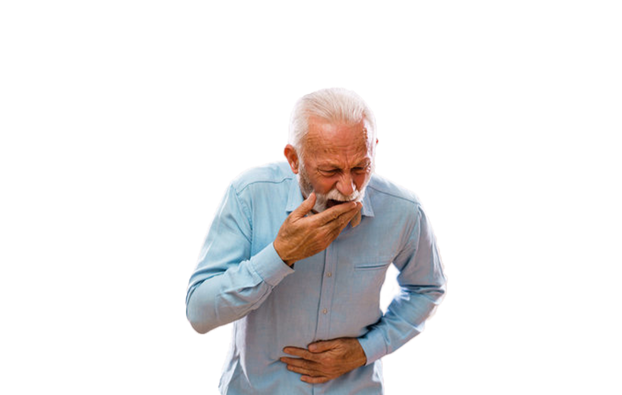 Older man bending over with hand over mouth about to vomit