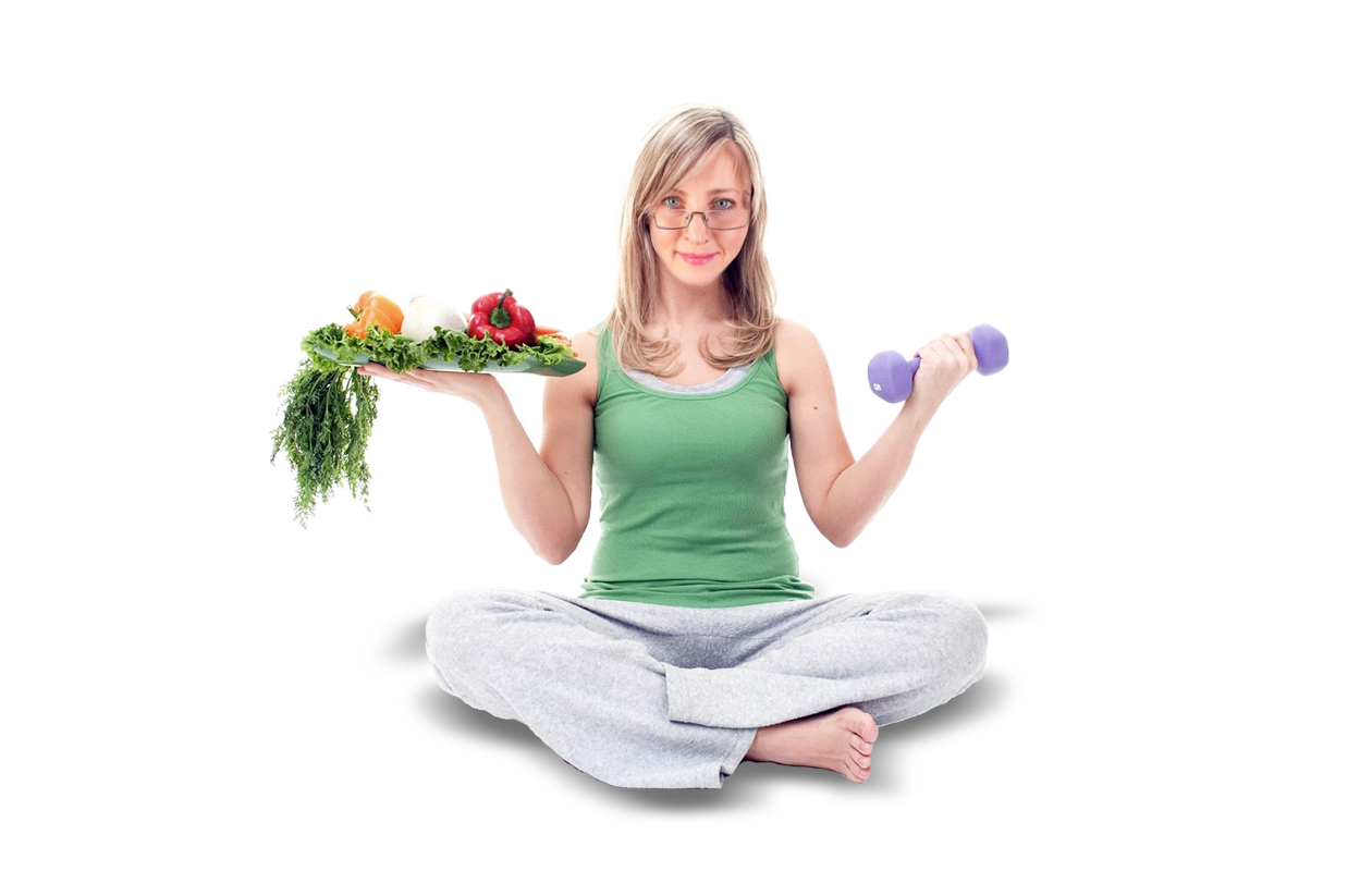 Image of meditating woman holding a dumbbell in one hand and vegetables in the other.
