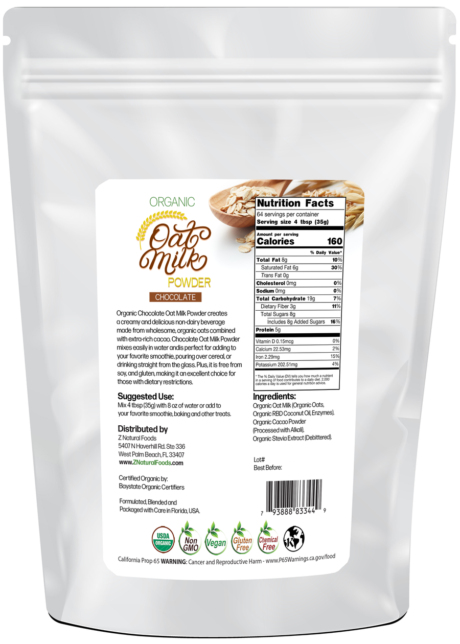 Photo of back of 5 lb bag of Oat Milk Powder (Chocolate) - Organic