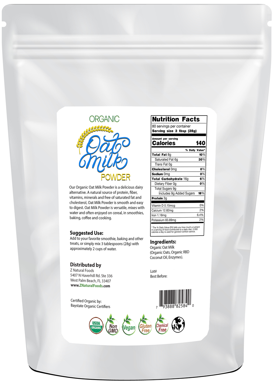 Image of back of 5 lb bag of Oat Milk Powder - Organic