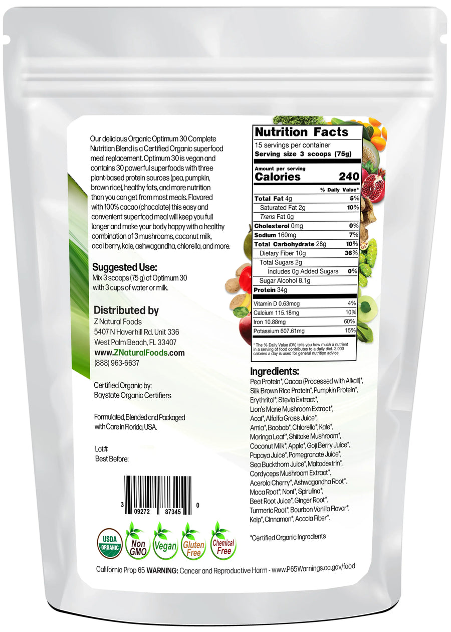 Optimum 30 Chocolate Vegan Meal Replacement - Organic back of the bag image 2.5 lb