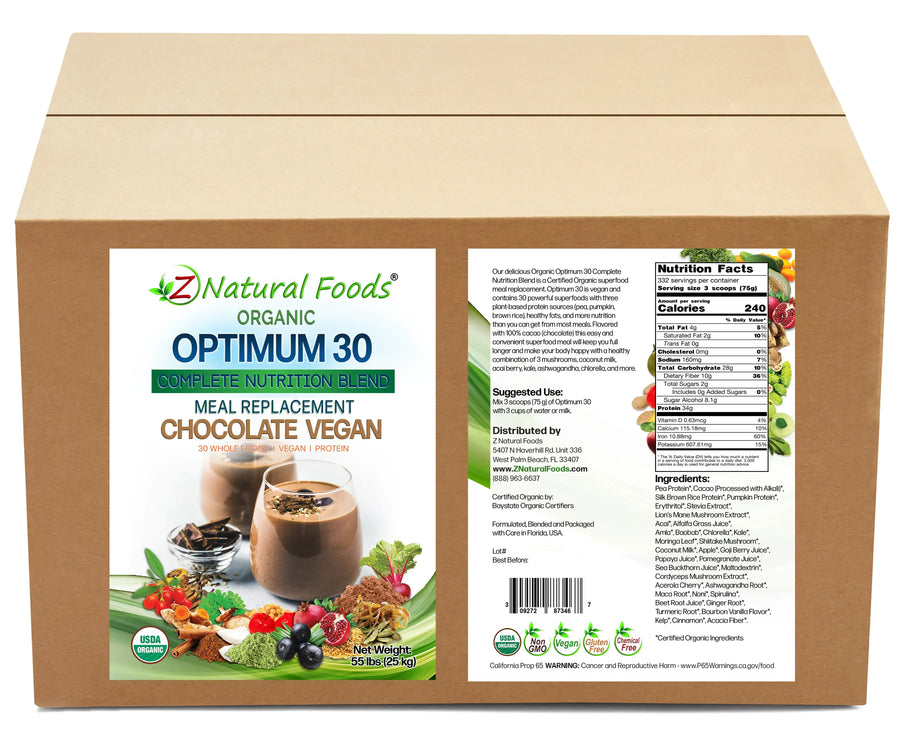 Optimum 30 Chocolate Vegan Meal Replacement - Organic front and back label image in bulk