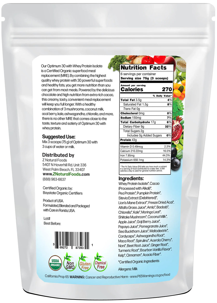 Optimum 30 Chocolate Whey Meal Replacement - Organic 1 lb back of the bag image